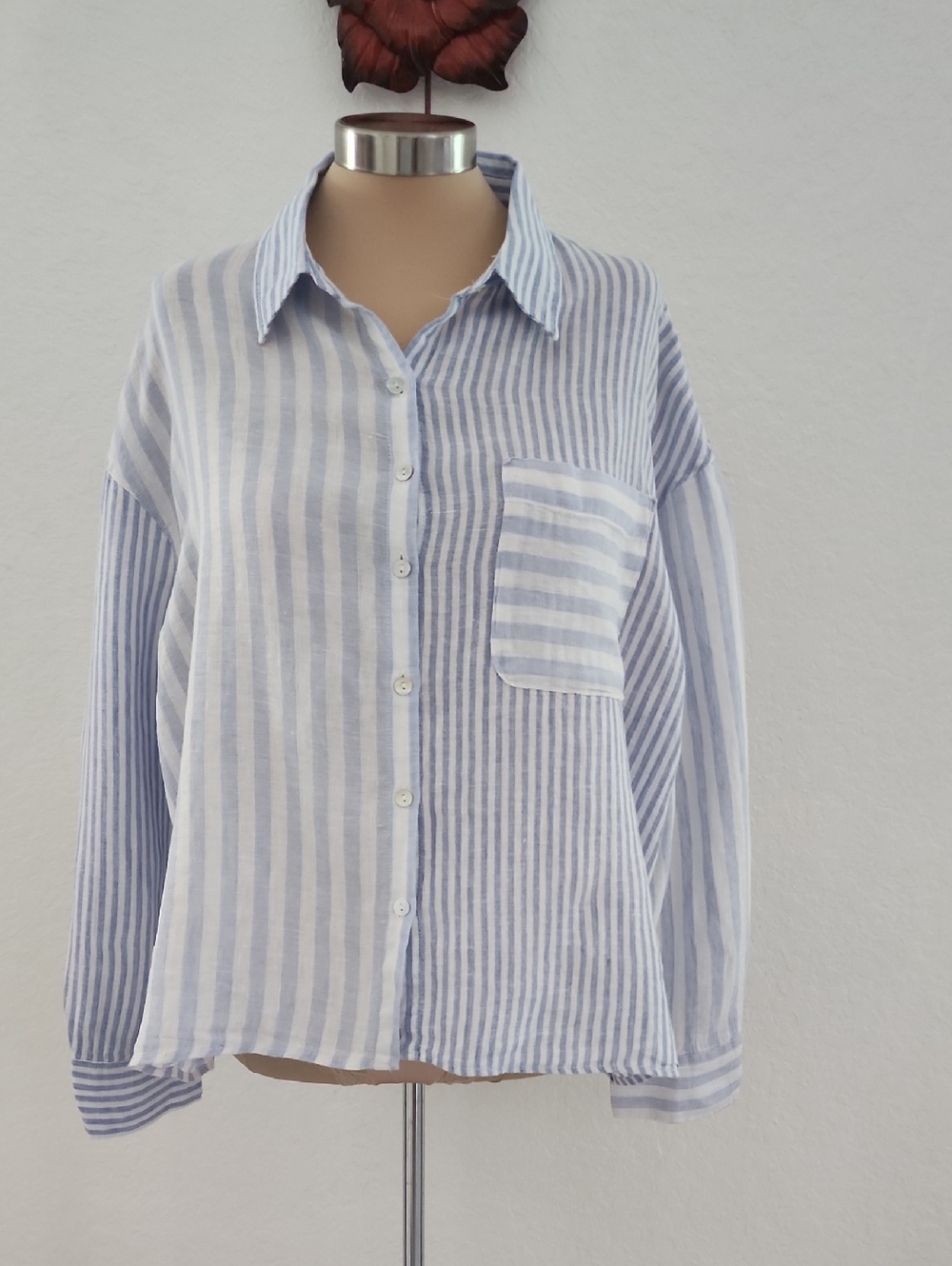 NICOLE MILLER | Light Blue & White Striped Button-Up Shirt 100% Linen